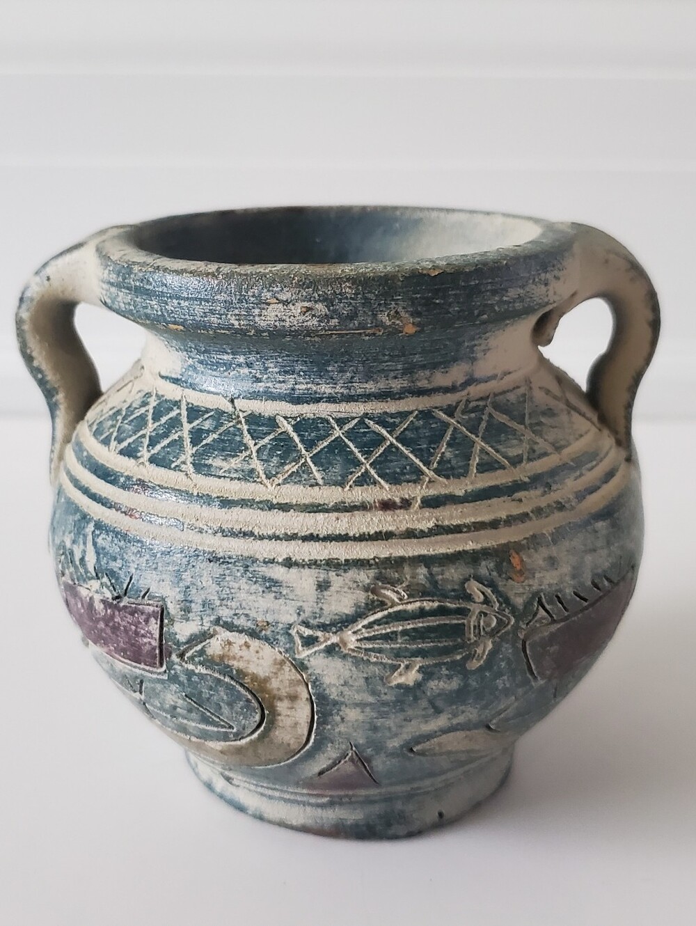 Vintage Small Minoan Art Pottery Amphora Vase Hand Carved Marine Life Boat Motif